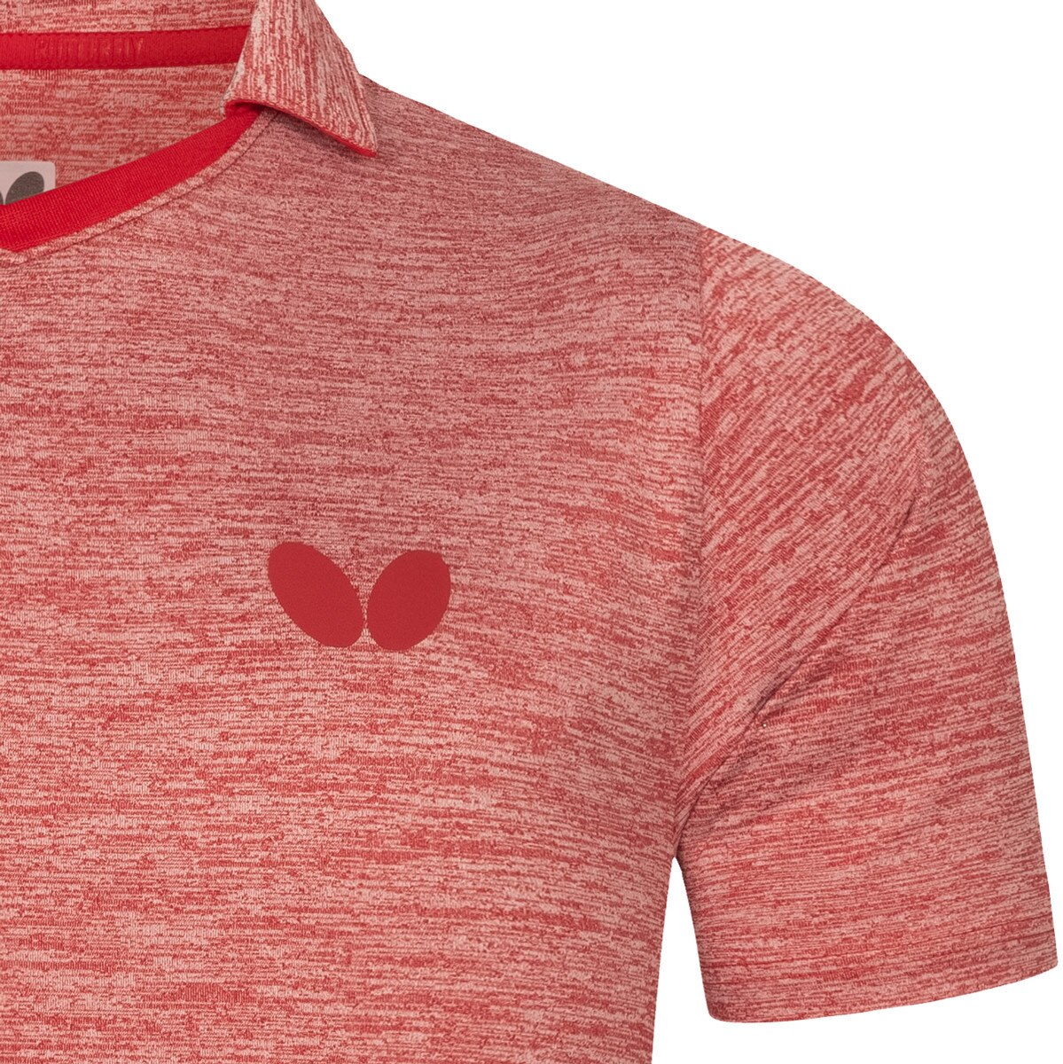 Butterfly Izumo Shirt: Close-up of Left Chest Butterfly Logo of Red Shirt